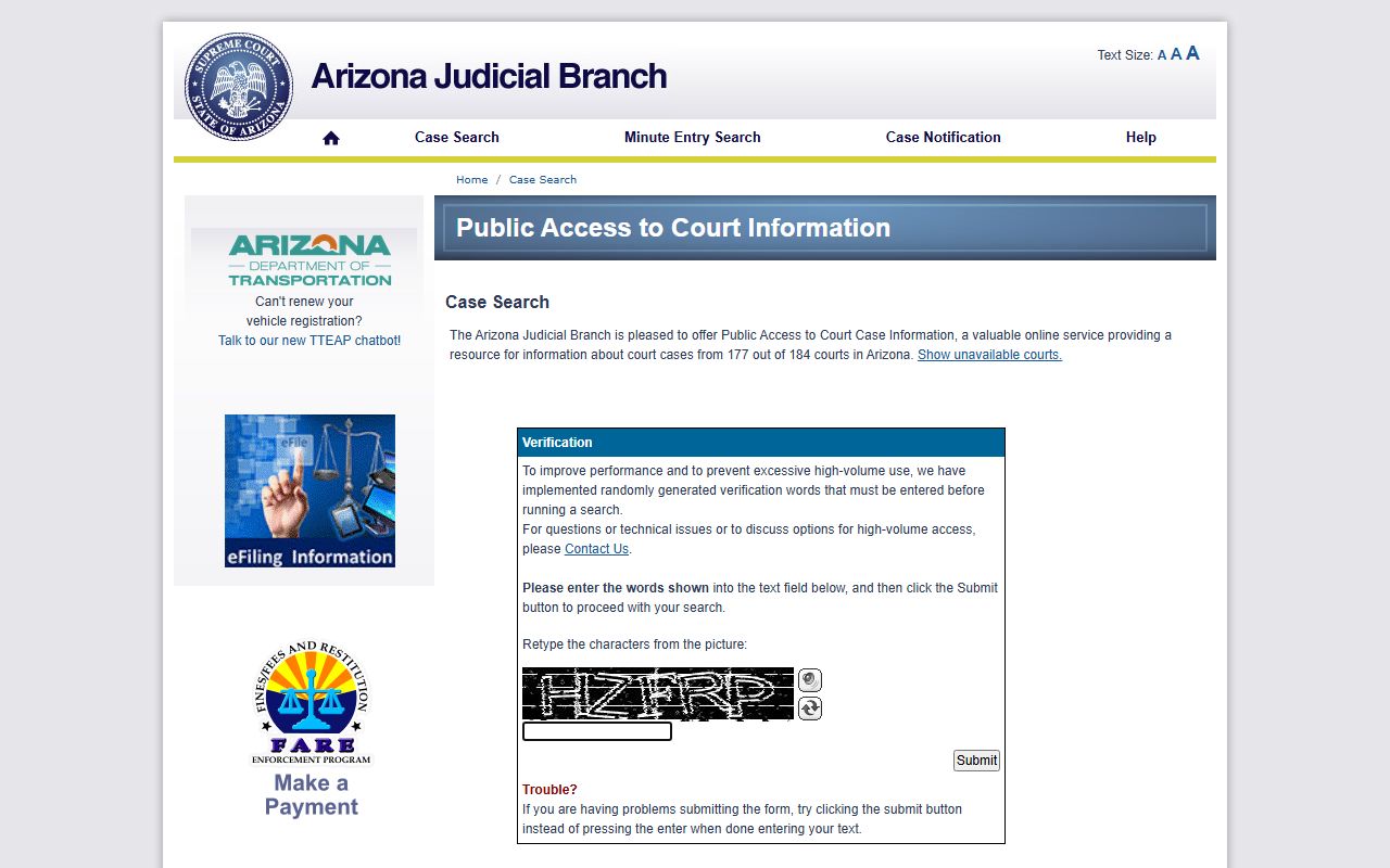Arizona court public access search for Santa Cruz County arrest court records