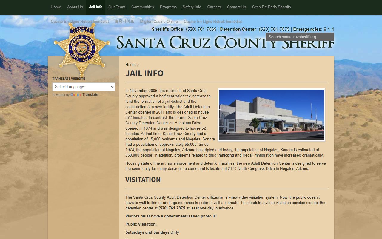 Santa Cruz County jail information page for inmate population records